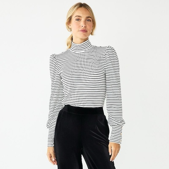 NWT Draper James RSVP Black and White Puff Sleeve Ribbed Blouse - Picture 1 of 11